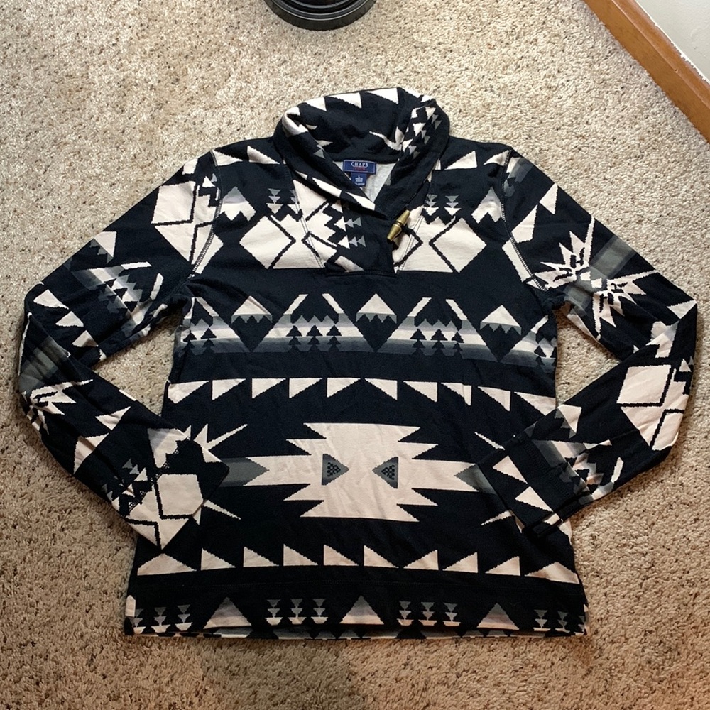 Chaps Black & Cream Aztec Print Cotton Sweater- Large